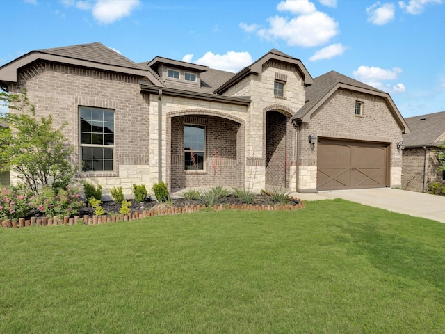 french country home featuring brick siding, an attached garage, driveway, and a front yard