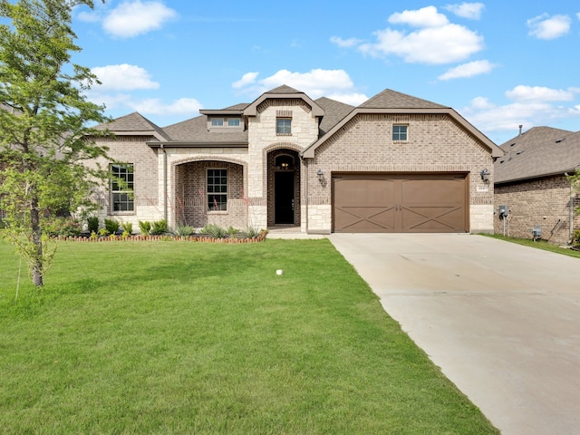 french country inspired facade featuring concrete driveway, brick siding, a shingled roof, and a front yard
