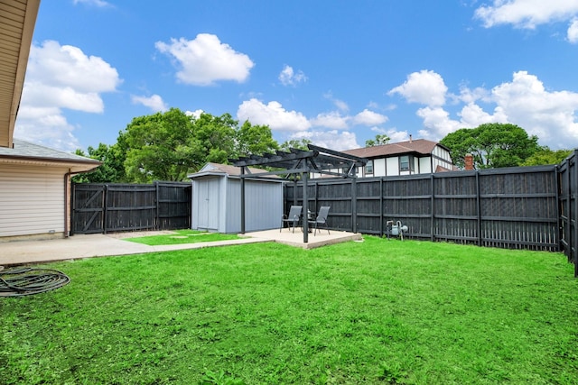 view of yard featuring a storage shed, an outdoor structure, a fenced backyard, a patio, and a pergola