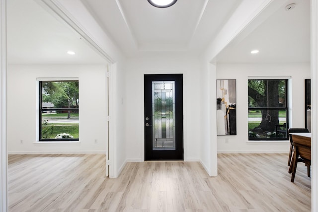 entryway with baseboards, wood finished floors, and a healthy amount of sunlight