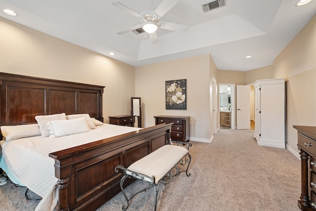 bedroom with recessed lighting, baseboards, visible vents, and light carpet