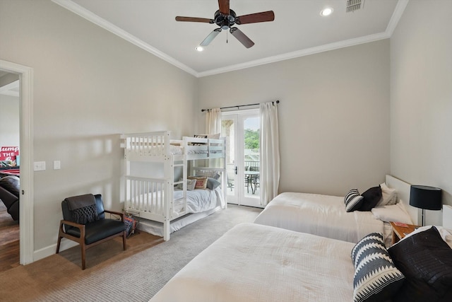 bedroom with crown molding, visible vents, recessed lighting, and access to exterior
