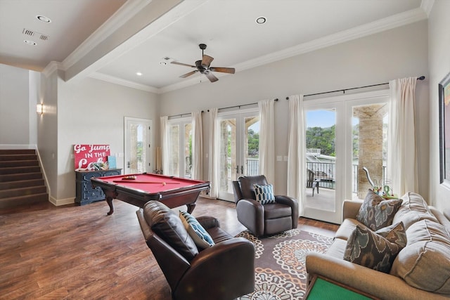 game room with crown molding, pool table, french doors, and wood finished floors