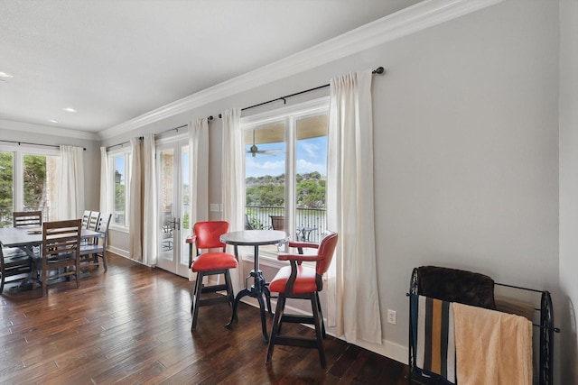 interior space featuring baseboards, ornamental molding, dark wood-style floors, and recessed lighting