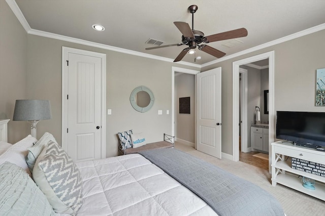 bedroom featuring visible vents, crown molding, baseboards, light carpet, and recessed lighting