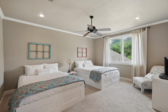 bedroom with baseboards, ornamental molding, light carpet, and recessed lighting