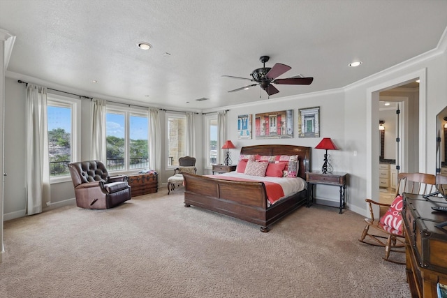 carpeted bedroom with crown molding, baseboards, recessed lighting, and a textured ceiling
