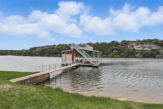 view of dock featuring a water view and stairs