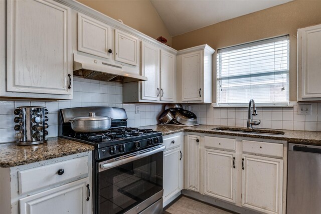 kitchen with a sink, stainless steel appliances, tasteful backsplash, under cabinet range hood, and vaulted ceiling