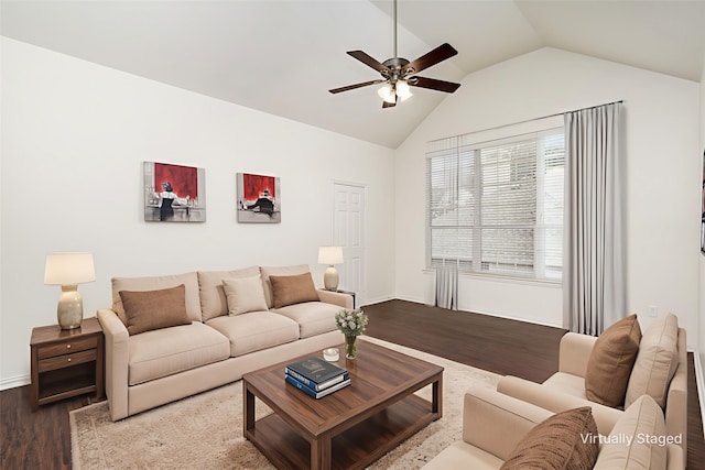 3136 Deer Run Dr, Little Elm, TX 75068 - living area with wood finished floors, a ceiling fan, lofted ceiling, and baseboards