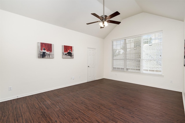empty room featuring baseboards, a ceiling fan, dark wood-style flooring, and lofted ceiling