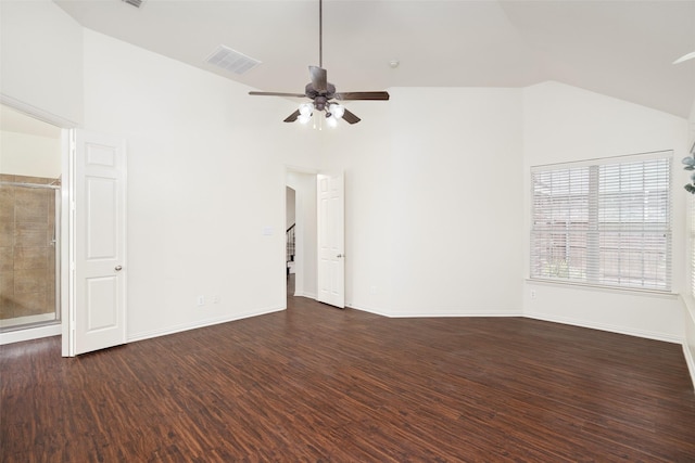 3136 Deer Run Dr, Little Elm, TX 75068 - unfurnished living room with ceiling fan, wood finished floors, high vaulted ceiling, and baseboards