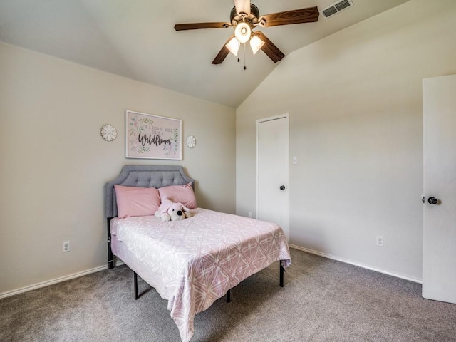 300 Aspenwood Trl, Forney, TX 75126 - bedroom featuring carpet floors, visible vents, lofted ceiling, baseboards, and a ceiling fan