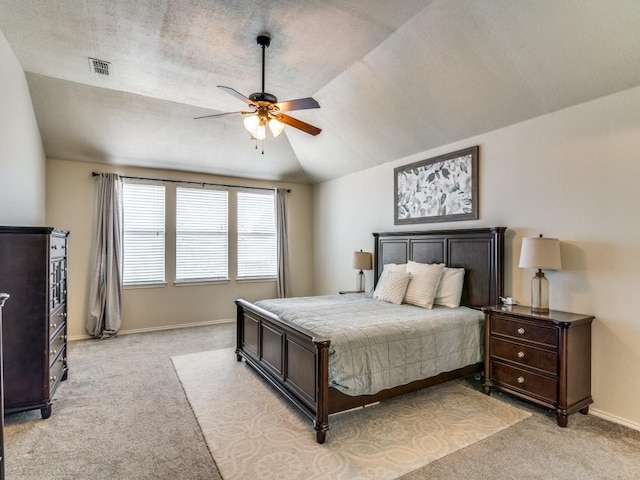 300 Aspenwood Trl, Forney, TX 75126 - bedroom featuring a ceiling fan, visible vents, light colored carpet, baseboards, and lofted ceiling