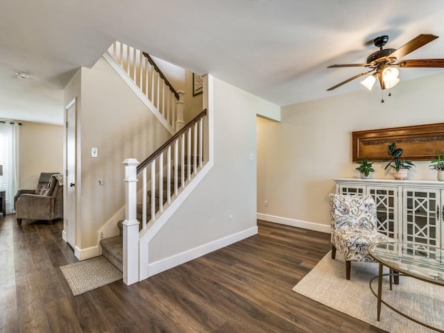 300 Aspenwood Trl, Forney, TX 75126 - sitting room with stairs, a ceiling fan, baseboards, and wood finished floors