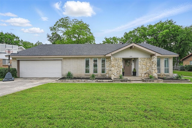 2108 Stonegate Dr N, Bedford, TX 76021 - single story home featuring driveway, a front yard, an attached garage, a shingled roof, and stone siding