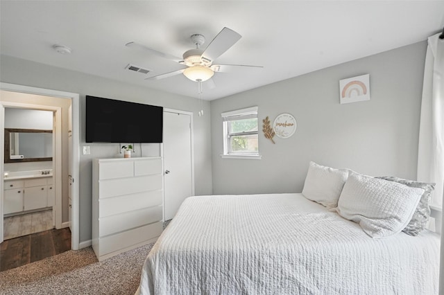 2108 Stonegate Dr N, Bedford, TX 76021 - bedroom with carpet floors, a ceiling fan, baseboards, visible vents, and a closet