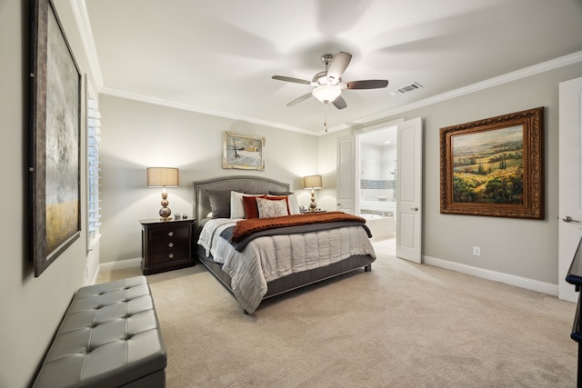 bedroom with visible vents, crown molding, light carpet, baseboards, and connected bathroom