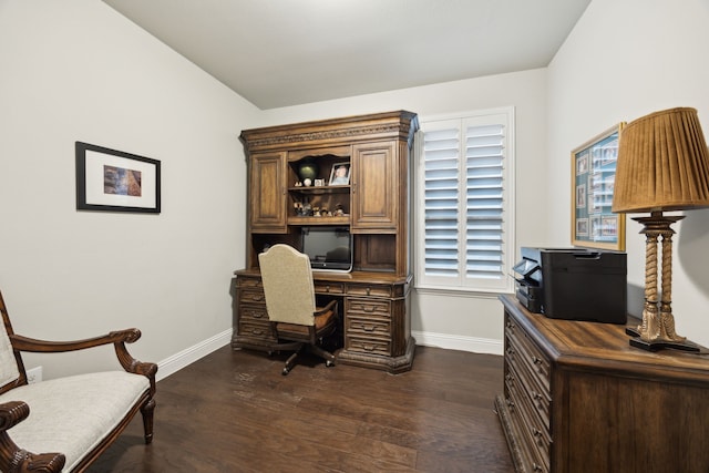 office area featuring baseboards and dark wood-style floors
