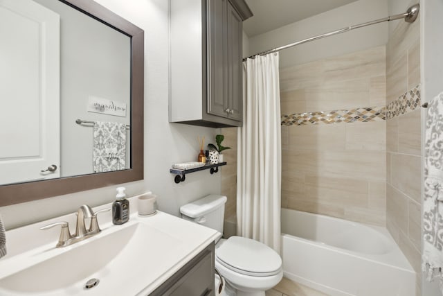 bathroom featuring toilet, shower / bath combination with curtain, and vanity