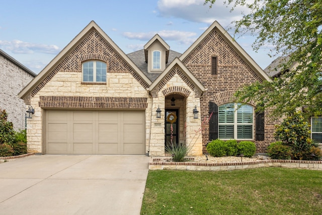 french provincial home with brick siding, a front lawn, stone siding, and concrete driveway