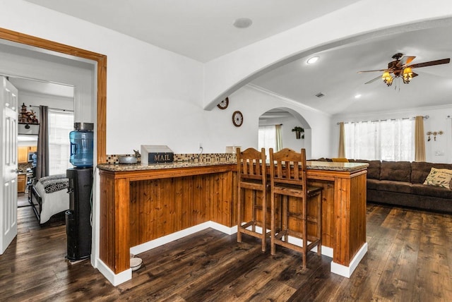 kitchen featuring a ceiling fan, dark wood finished floors, ornamental molding, and a healthy amount of sunlight