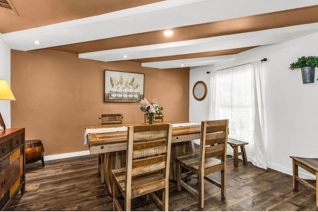 dining space featuring beamed ceiling, dark wood-style flooring, baseboards, and visible vents