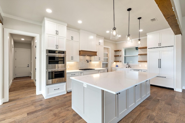 8408 Fullerton Dr, Cleburne, TX 76033 - kitchen with backsplash, stainless steel appliances, open shelves, and white cabinets