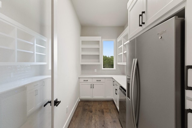 8408 Fullerton Dr, Cleburne, TX 76033 - kitchen with open shelves, light countertops, stainless steel appliances, white cabinetry, and dark wood-style floors