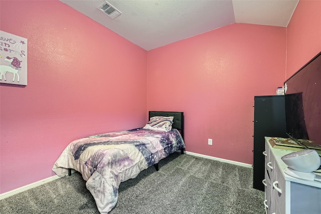 carpeted bedroom featuring baseboards, visible vents, and lofted ceiling