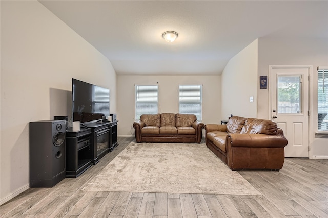 living area featuring vaulted ceiling, a wealth of natural light, and light wood finished floors