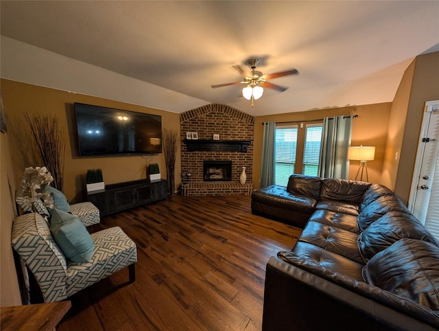 2016 Karsen Ln, Heartland, TX 75126 - living area featuring lofted ceiling, a fireplace, a ceiling fan, and wood finished floors