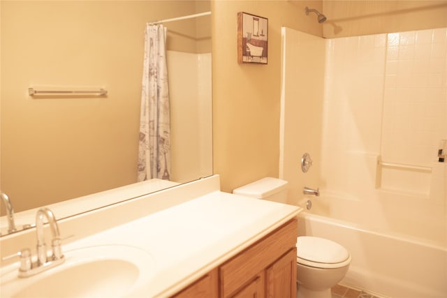 bathroom with vanity, shower / bath combination with curtain, and toilet