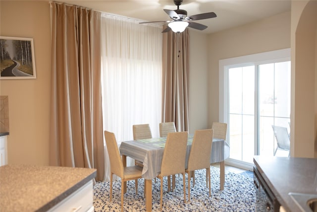 dining room with plenty of natural light and ceiling fan