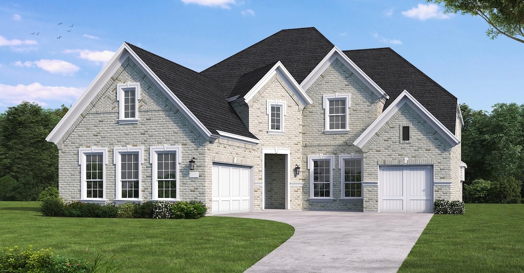 french country inspired facade featuring a front lawn, stone siding, and concrete driveway