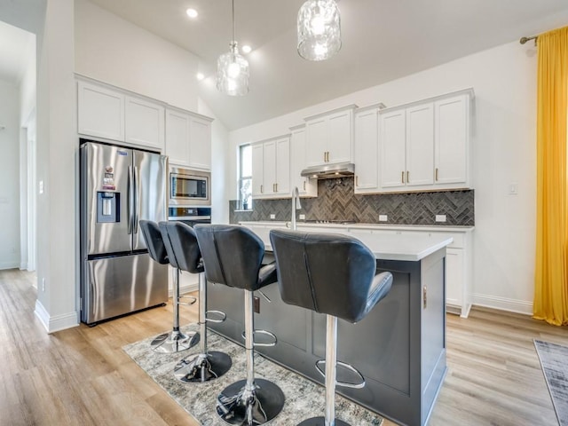 2513 Silver Leaf Dr, Northlake, TX 76226 - kitchen featuring tasteful backsplash, light countertops, baseboards, light wood finished floors, and stainless steel appliances