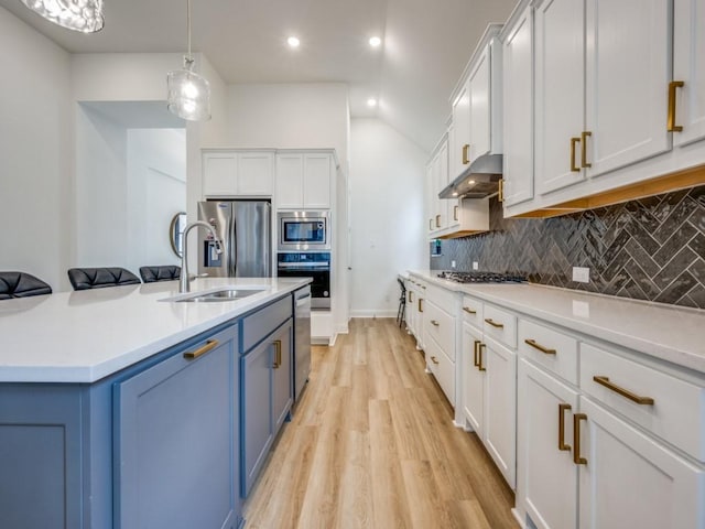 2513 Silver Leaf Dr, Northlake, TX 76226 - kitchen featuring decorative backsplash, blue cabinets, a sink, under cabinet range hood, and stainless steel appliances