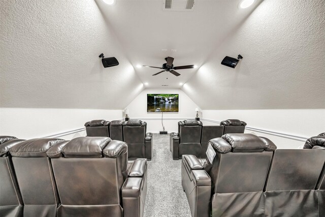 7839 Blanchard Way, Fort Worth, TX 76126 - carpeted home theater room with a ceiling fan, vaulted ceiling, and visible vents