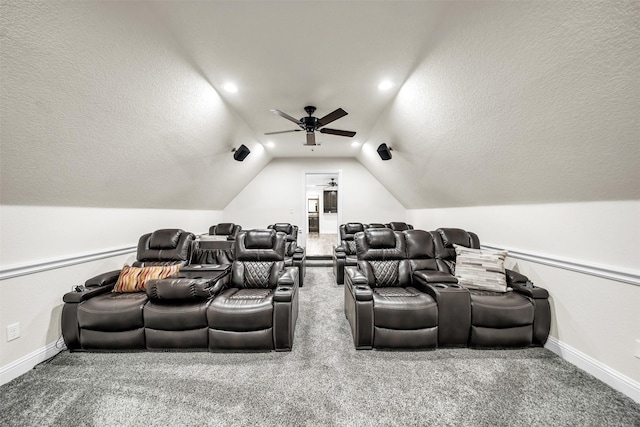 7839 Blanchard Way, Fort Worth, TX 76126 - carpeted cinema room with baseboards, a textured ceiling, ceiling fan, and vaulted ceiling