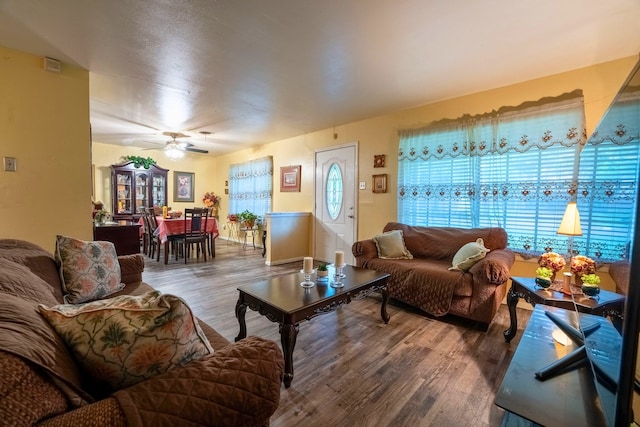 living room with ceiling fan and wood finished floors