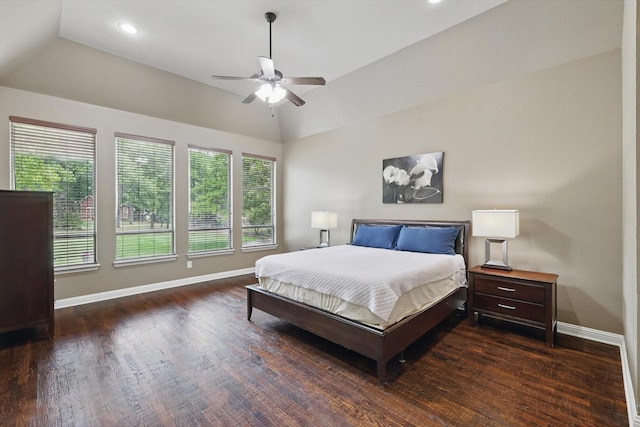 bedroom featuring recessed lighting, baseboards, wood finished floors, and lofted ceiling