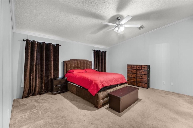 bedroom featuring carpet floors, ornamental molding, and a textured ceiling