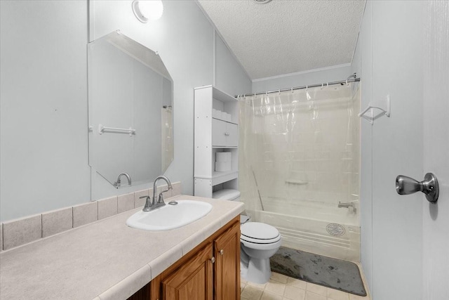 bathroom featuring a textured ceiling, shower / bath combination with curtain, tile patterned flooring, vanity, and toilet
