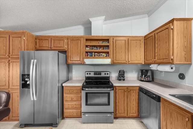 kitchen featuring crown molding, appliances with stainless steel finishes, extractor fan, and a textured ceiling