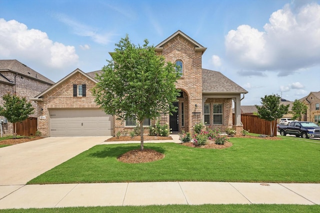 1210 Blazingstar Dr, Haslet, TX 76177 - view of front facade featuring fence, an attached garage, a front lawn, brick siding, and concrete driveway