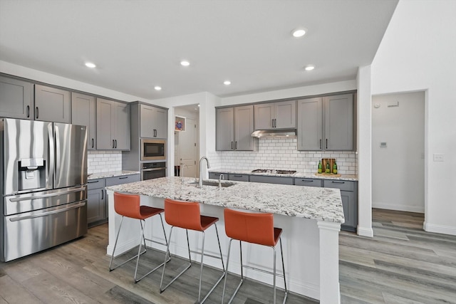1210 Blazingstar Dr, Haslet, TX 76177 - kitchen with under cabinet range hood, stainless steel appliances, gray cabinets, and a sink