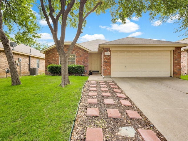 single story home featuring concrete driveway, brick siding, a front yard, and a garage