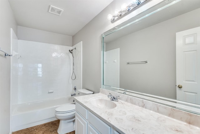 bathroom featuring tile patterned flooring, bathtub / shower combination, vanity, toilet, and visible vents
