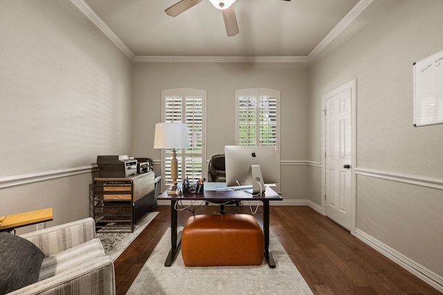 office with ornamental molding, ceiling fan, and wood finished floors
