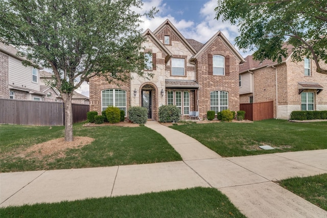 view of front of home with fence, stone siding, a front lawn, and brick siding